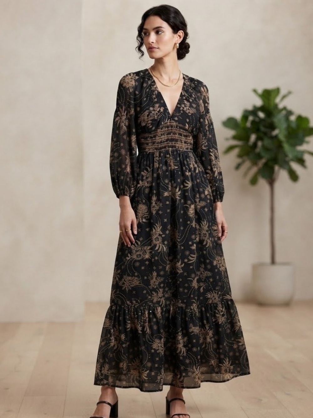 Free People Golden Hour Floral Smocked Maxi Dress Black Boho S